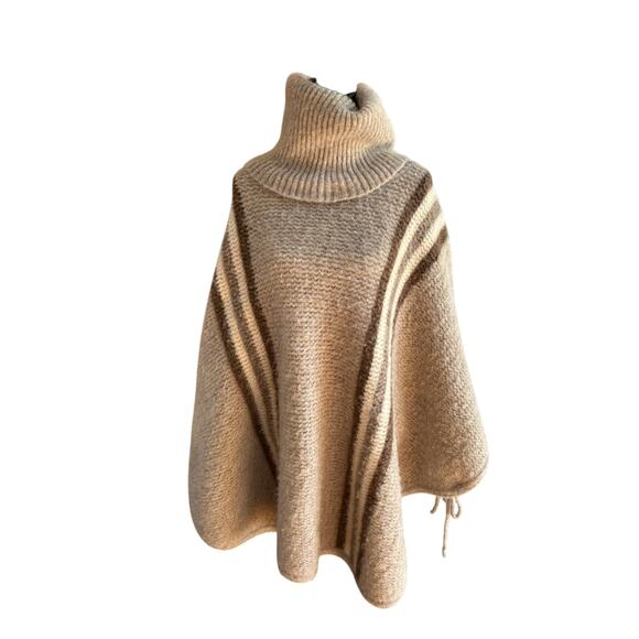 Ice-Knit 100% Wool Poncho Made in Iceland Tan Brown Striped...